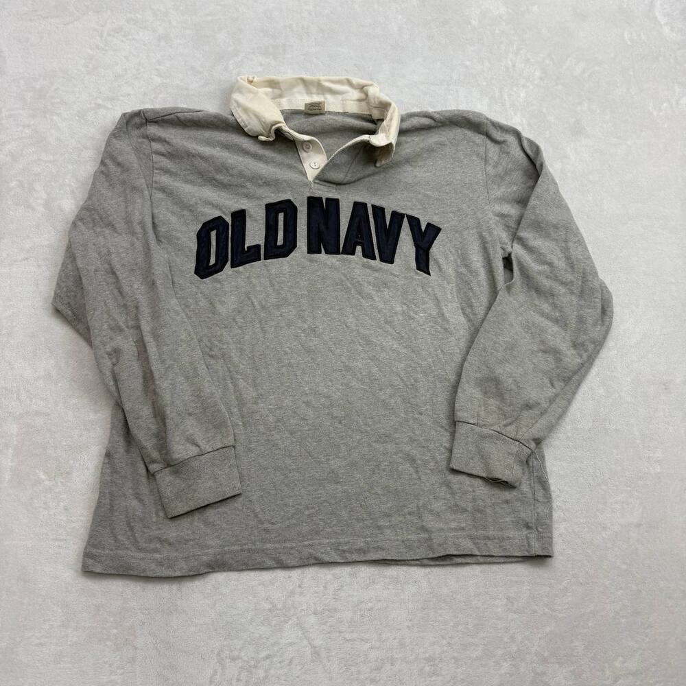 Old Navy Men's Long Sleeve Rugby Shirt Grey Size L Spell Out Applique Logo